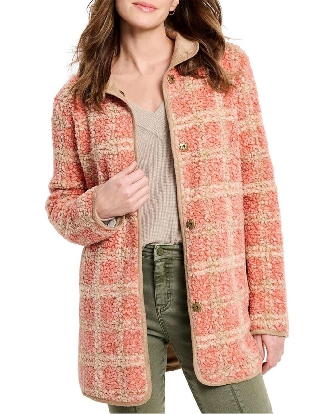 NIC+ZOE Sunset Sherpa Pink Plaid Jacket Sz M - Picture 1 of 11